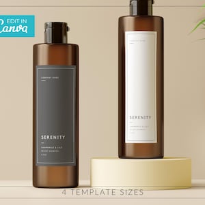 以下が含まれることがあります： 黒いキャップと「Serenity」と書かれた白いラベルが付いた2本の茶色のシャンプーボトル。ボトルは薄い黄色のプラットフォームにあります。「Edit in Canva」というテキストは、左上隅のターコイズ色のボックスにあります。「4 Template Sizes」という文字が下にあります。