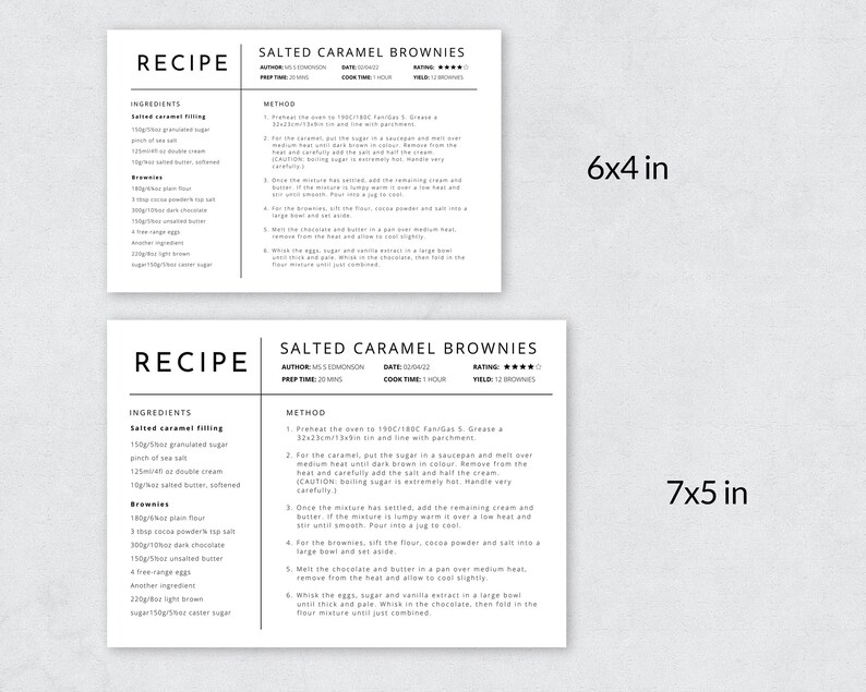 Pode incluir: Dois cart&otilde;es de receita imprim&iacute;veis para brownies de caramelo salgado. O cart&atilde;o superior mede 6x4 polegadas e o cart&atilde;o inferior mede 7x5 polegadas. Ambos os cart&otilde;es t&ecirc;m a mesma receita, mas o cart&atilde;o inferior tem instru&ccedil;&otilde;es mais detalhadas.