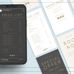 Puede incluir: Una lista de precios en blanco y negro para una peluquer&iacute;a o barber&iacute;a. La lista incluye servicios como cortes est&aacute;ndar, recogidos, envolturas h&uacute;medas, agua, permanente, borde de l&iacute;nea de cabello, trenzas, manicura regular, ajuste de u&ntilde;as acr&iacute;licas, esmalte de u&ntilde;as en gel, pedicura regular, pedicura de lujo, permanente completa, relajante y reparaci&oacute;n de cabello. La lista de precios tambi&eacute;n incluye una oferta especial del 25% de descuento.