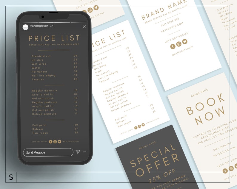 Puede incluir: Una lista de precios en blanco y negro para una peluquer&iacute;a o barber&iacute;a. La lista incluye servicios como cortes est&aacute;ndar, recogidos, envolturas h&uacute;medas, agua, permanente, borde de l&iacute;nea de cabello, trenzas, manicura regular, ajuste de u&ntilde;as acr&iacute;licas, esmalte de u&ntilde;as en gel, pedicura regular, pedicura de lujo, permanente completa, relajante y reparaci&oacute;n de cabello. La lista de precios tambi&eacute;n incluye una oferta especial del 25% de descuento.