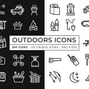 Ícones ao ar livre / Ícones de atividades ao ar livre / Ícones de aventura / Esportes de aventura / Ícone de caminhada / Ícones de acampamento / Pacote de ícones de esportes radicais