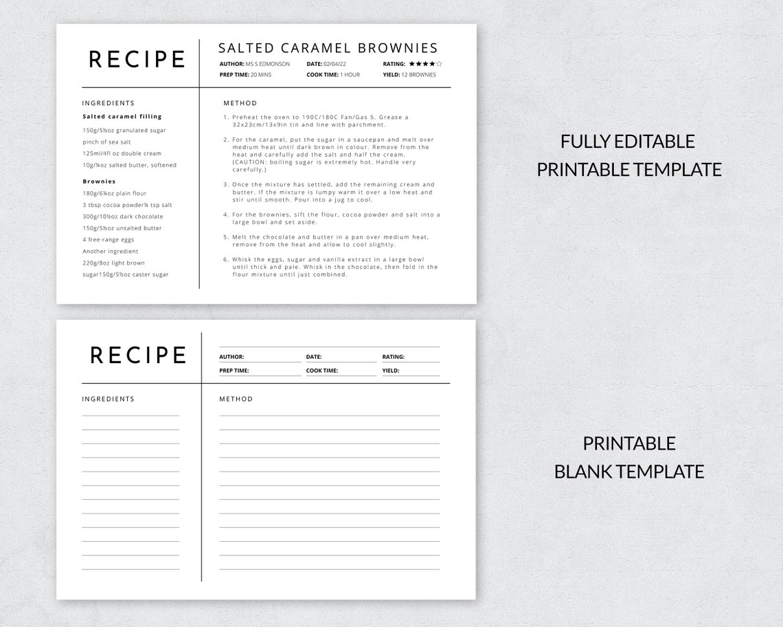 Minimalist Recipe Card Template / Printable Recipe Cards / - Etsy