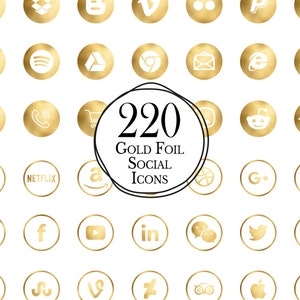 220 Gold Foil Social Media Icons // Gold Circle Icons // Icônes du site Web // Icônes de blog // Icônes de bouton métallique // Utilisation commerciale // PNG