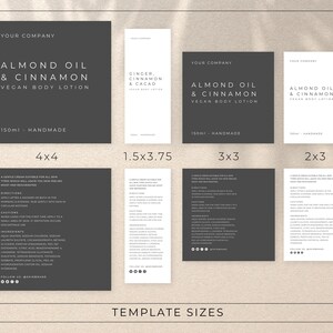 May include: Four different size templates for a vegan body lotion label. The label features a black background with white text. The text reads "Almond Oil & Cinnamon Vegan Body Lotion" and "150ml - Handmade". The label also includes the text "Your Company".