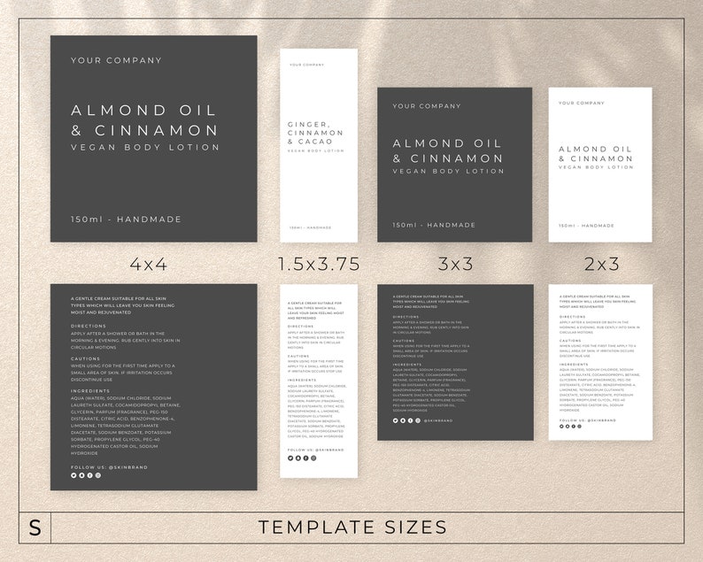 May include: Four different size templates for a vegan body lotion label. The label features a black background with white text. The text reads "Almond Oil & Cinnamon Vegan Body Lotion" and "150ml - Handmade". The label also includes the text "Your Company".
