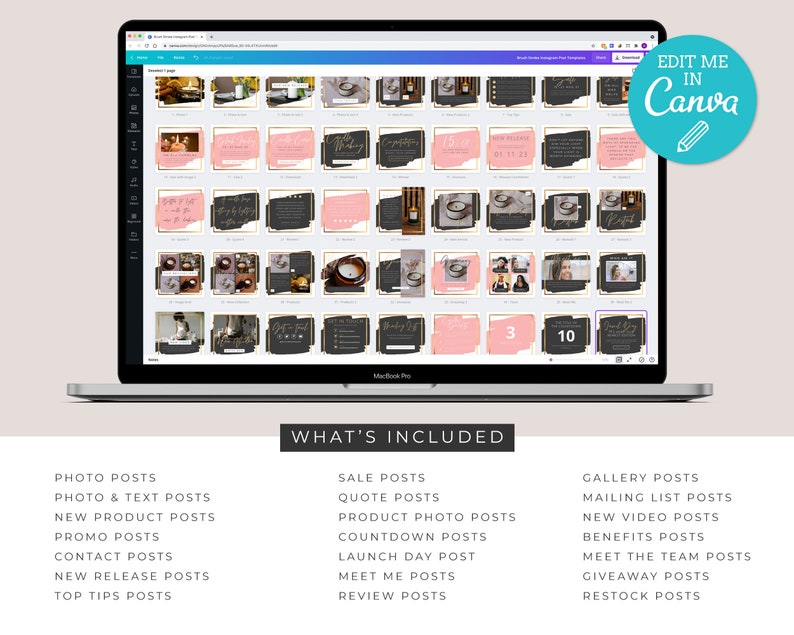 May include: A MacBook Pro displays a Canva template with various Instagram post designs. The templates feature gold frames, black backgrounds, and pink accents. Text includes "Edit Me in Canva" and lists post types like photo, quote, and new product posts.
