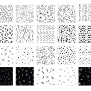 May include: A set of 24 black and white floral patterns. The patterns feature various floral designs, including leaves, flowers, and stars. The patterns are perfect for creating digital or printed designs.