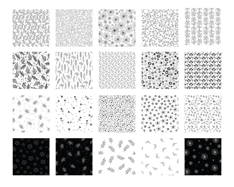 May include: A set of 24 black and white floral patterns. The patterns feature various floral designs, including leaves, flowers, and stars. The patterns are perfect for creating digital or printed designs.