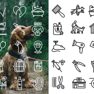 Pu&ograve; includere: Una collezione di disegni in bianco e nero che raffigurano vari articoli per la cura dei cani, tra cui una spazzola, un cane in un cerchio, una vasca da bagno, una cuccia, un guinzaglio, un giocattolo per cani, un asciugacapelli, un trattamento antipulci e antizecche, una siringa, un tagliaunghie, un'impronta di zampa, un pettine e delle forbici, un negozio di animali domestici e un'impronta di zampa su un cartello.