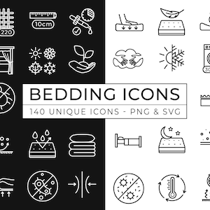 May include: Black and white line art icons depicting various bedding features, including mattress types, bed frames, pillows, and care instructions. The text "BEDDING ICONS" and "140 UNIQUE ICONS - PNG & SVG" is displayed below the icons.