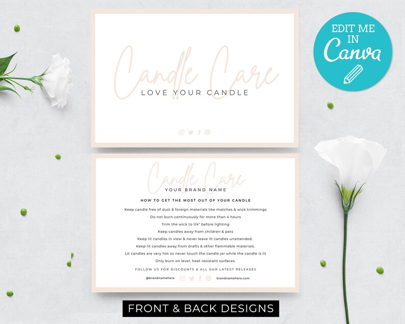 May include: Candle Care card with instructions on how to get the most out of your candle. The card has a light brown background with white text. The text includes instructions like trimming the wick, keeping the candle away from drafts, and burning on a level surface. The card also includes the text "Candle Care" and "Your Brand Name".