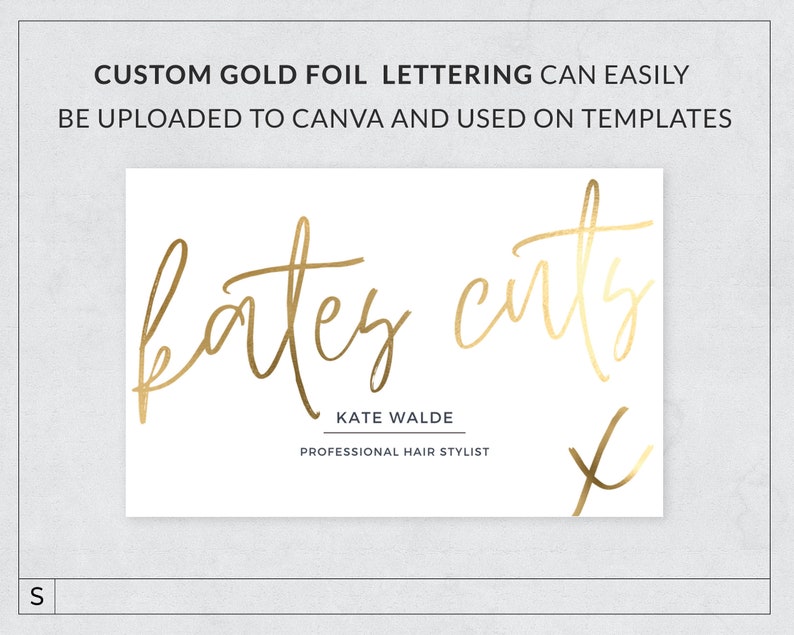 May include: A white business card with gold foil lettering that reads "kates cuts" and "KATE WALDE PROFESSIONAL HAIR STYLIST".