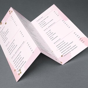 May include: A tri-fold brochure with a pink and gold design. The brochure lists prices for hair, nail, tanning, hair removal, and makeup services. The prices are listed in US dollars.