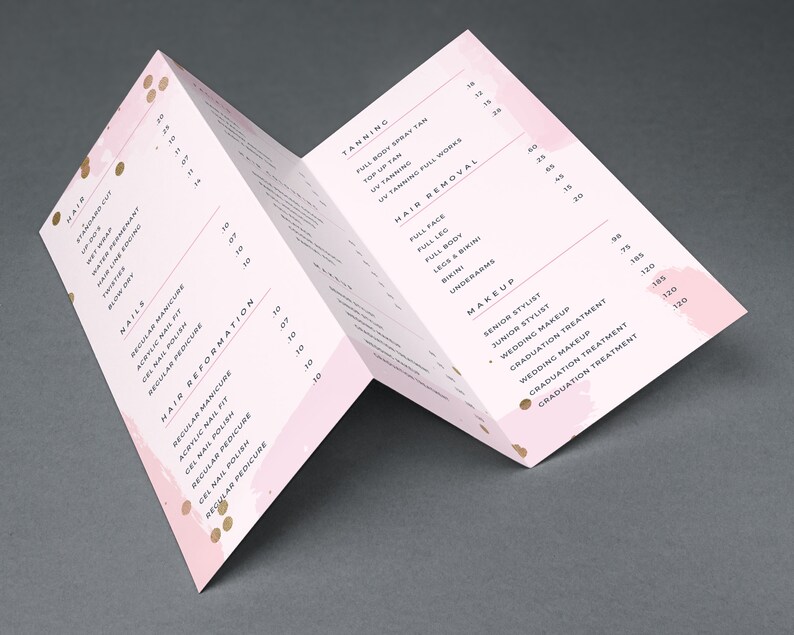 May include: A tri-fold brochure with a pink and gold design. The brochure lists prices for hair, nail, tanning, hair removal, and makeup services. The prices are listed in US dollars.