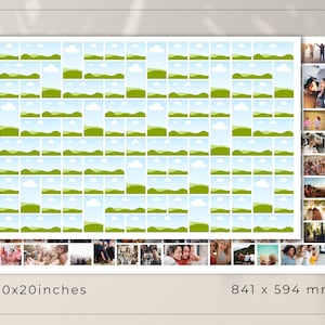 May include: A large print featuring a grid of small landscape images with blue skies and green hills. The print is 30 x 20 inches. A smaller print with photos of people is visible on the right side. The overall theme is a photo collage.