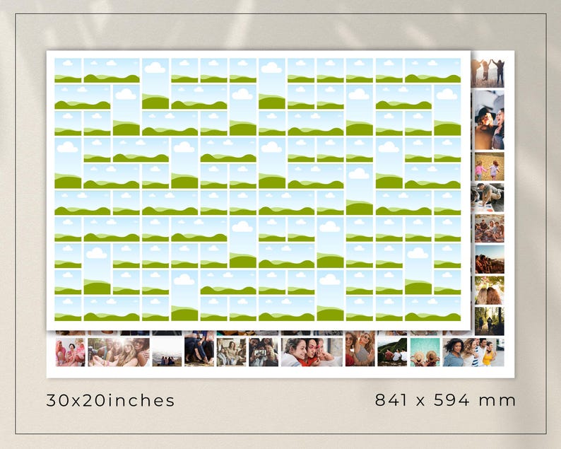 May include: A large print featuring a grid of small landscape images with blue skies and green hills. The print is 30 x 20 inches. A smaller print with photos of people is visible on the right side. The overall theme is a photo collage.