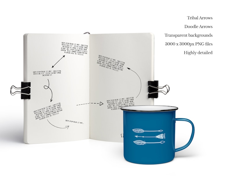 Pode incluir: Uma caneca esmaltada azul com desenhos de setas tribais brancas, ao lado de um caderno aberto preso com clipes. As p&aacute;ginas do caderno t&ecirc;m texto manuscrito e ilustra&ccedil;&otilde;es de setas. A imagem tamb&eacute;m inclui o texto "Tribal Arrows" e "Doodle Arrows".