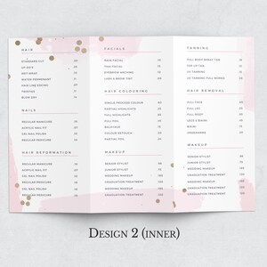 May include: A pink and white price list for a beauty salon. The list includes services such as hair cuts, facials, tanning, hair removal, nails, and makeup. Prices are listed in US dollars.
