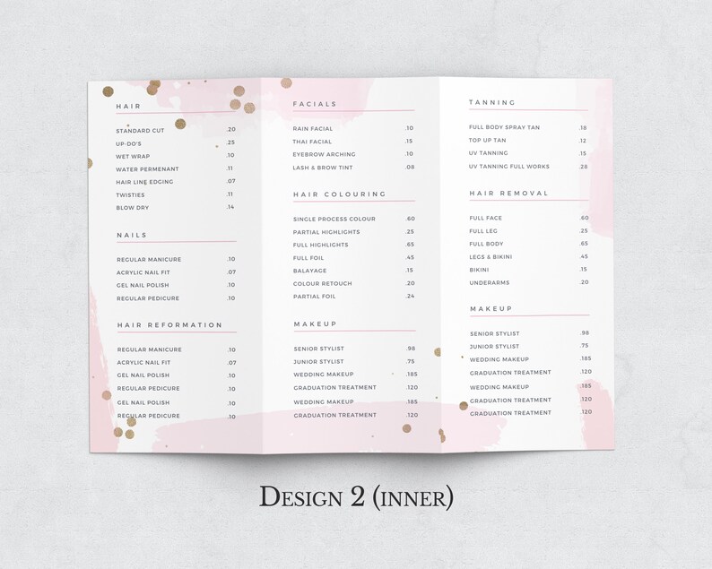 May include: A pink and white price list for a beauty salon. The list includes services such as hair cuts, facials, tanning, hair removal, nails, and makeup. Prices are listed in US dollars.