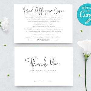 May include: Black and white printable card with instructions for reed diffuser care. The card includes the text "Reed Diffuser Care" and "Thank You for Your Purchase".