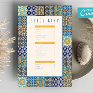 Modello di listino prezzi marocchino / Modello di listino prezzi arabo / Modello di listino prezzi personalizzabile / Menu salone stampabile / Modello di menu Arabesque
