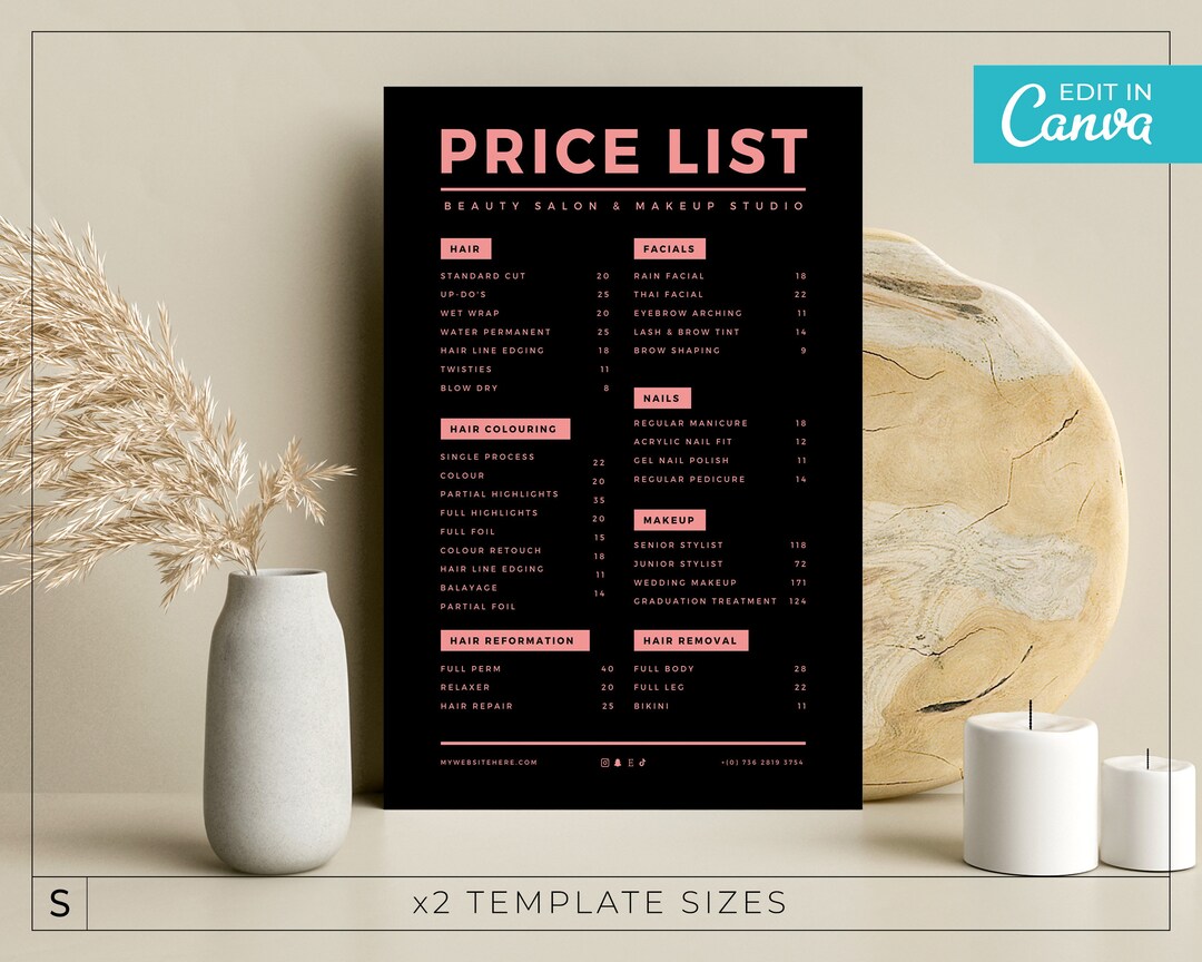 Bold Pink Price List Template / Editable Beauty Salon Price List ...