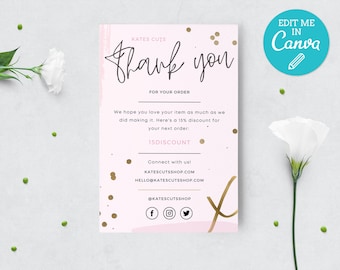 May include: Pink and gold thank you card with the text "Kates Cuts Thank You For Your Order" and a 15% discount code. The card also includes social media icons for Facebook, Instagram, and Twitter.
