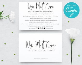 May include: White card with black text that reads "Wax Melt Care" and instructions on how to use wax melts. The card also includes social media icons and a website address.