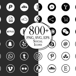 Más de 800 iconos de redes sociales // PNG // EPS // SVG // Ai // Iconos de sitios web // Iconos de blog // Iconos de círculos en blanco y negro // Social // Uso comercial