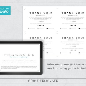 May include: Four printable thank you cards with a black and white design. The cards feature the text "Thank You!" and "Brand Name". The cards also include a five-star rating system and the text "ISLOVE".