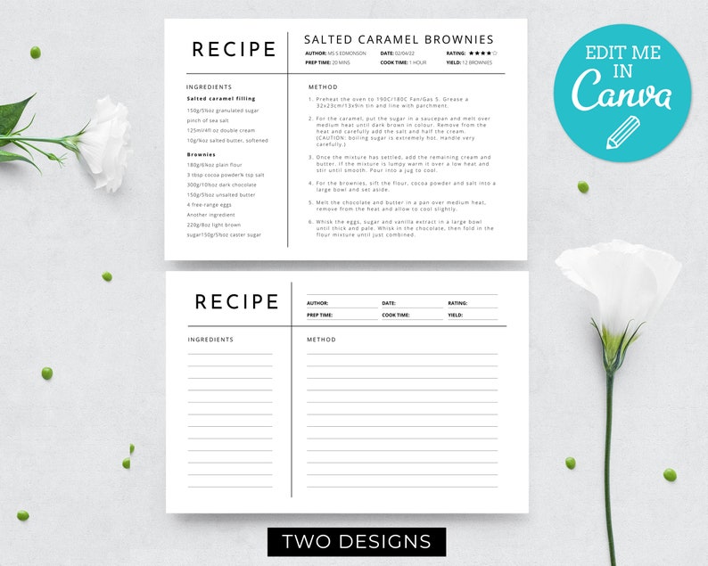 Pode incluir: Dois modelos de receitas imprim&iacute;veis com texto preto em fundo branco. O primeiro modelo est&aacute; preenchido com uma receita de brownies de caramelo salgado. O segundo modelo est&aacute; em branco. O texto "EDIT ME IN Canva" est&aacute; em um c&iacute;rculo azul no canto superior direito do primeiro modelo.