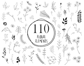 110 Hand drawn Floral Elements // Floral Doodles // Hand drawn Laurels & Leaves // Foliage // Floral Illustrations // Floral Clipart