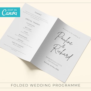 May include: A folded wedding programme with a silver background. The front cover has the text "Welcome to the wedding of Pauline & Richard" and the date "Saturday 24 May 2026". The back cover has the text "THANKS" and a list of names under the heading "SPECIAL THANKS".