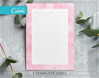 May include: A pink and white price list template with a watercolour background. The template is designed for a beauty salon or spa and includes sections for hair, facials, colouring, nails, makeup, and waxing.
