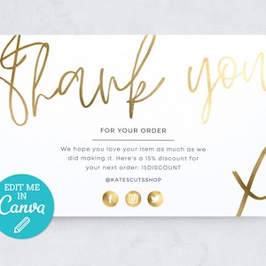 Gouden dank u voor uw bestelling kaartsjabloon / bewerkbare zakelijke dank u sjabloon / afdrukbare dank u ontwerp invoegen / bestelnota Bedankt