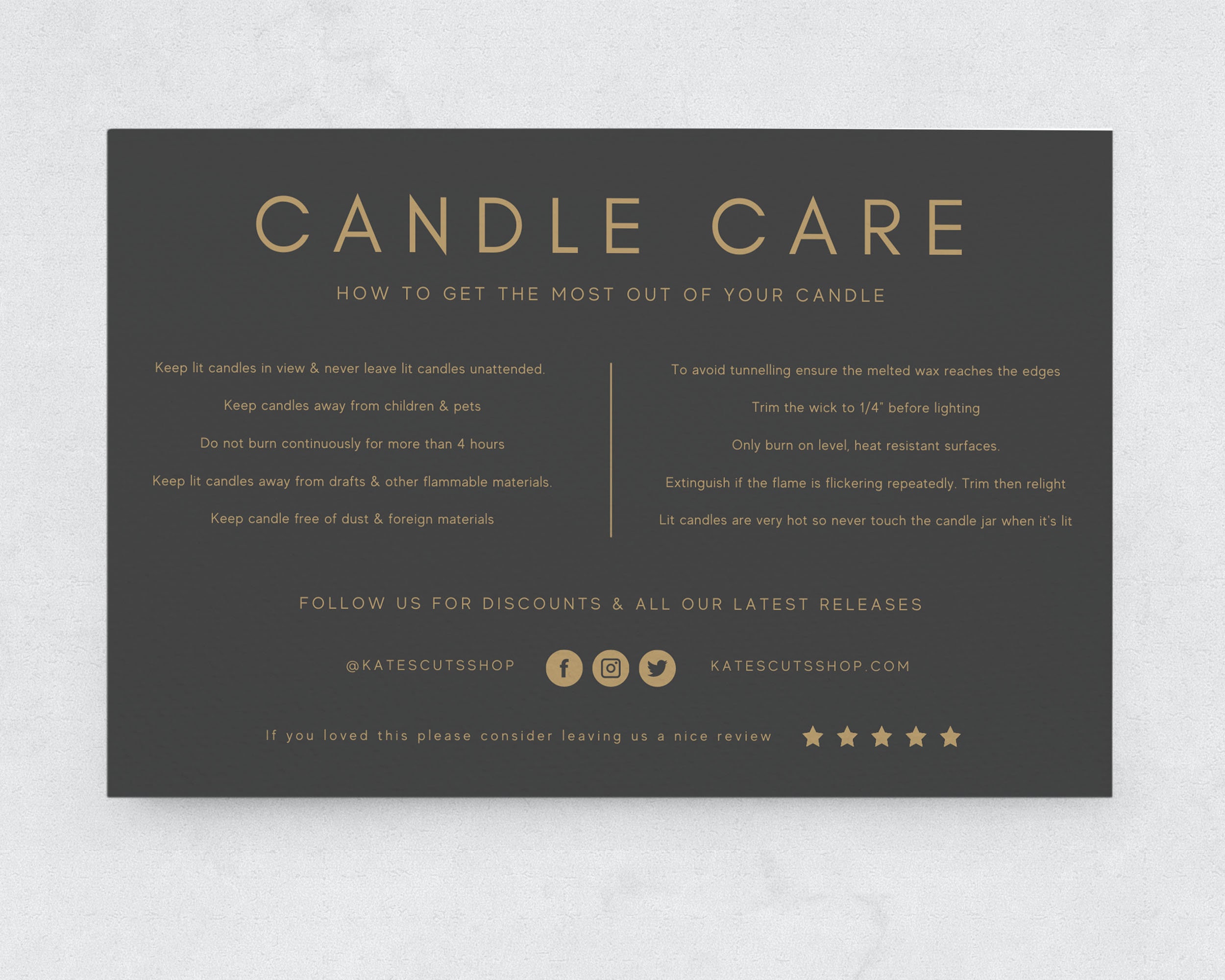 Gold Candle Care Card Template / Editable Candle Instructions Etsy