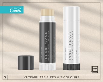 May include: Two white and black lip balm tubes with the text "Inner Peace" and "Moisturizing Lip Balm". The lip balm tubes are on a light brown background.