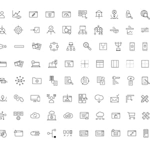 May include: A set of 64 black and white line icons depicting various website and app development concepts. The icons include symbols for user interface, search engine optimization, website design, and more.