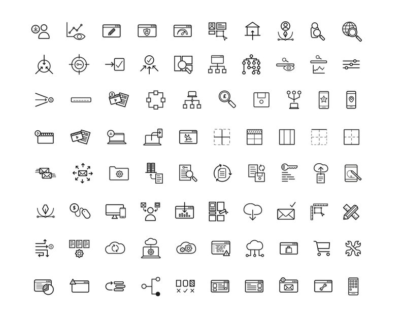 May include: A set of 64 black and white line icons depicting various website and app development concepts. The icons include symbols for user interface, search engine optimization, website design, and more.