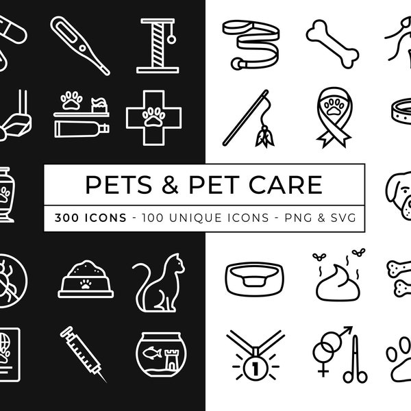 300 iconos de mascotas / Cuidado de mascotas / Iconos veterinarios / Icono vectorial de cuidado de perros / Gato / Iconos vectoriales de línea delgada / Nutrición de mascotas / Icono de hotel para perros