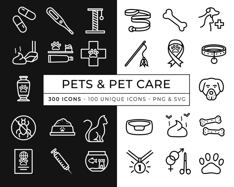 Pu&ograve; includere: Icone in bianco e nero a linea che rappresentano vari articoli per la cura degli animali domestici, tra cui un guinzaglio, un osso, un collare, un gatto, un cane, una ciotola per il cibo, un letto e altro ancora. Il testo "PETS & PET CARE" &egrave; visualizzato al centro dell'immagine. Il testo "300 ICONS - 100 UNIQUE ICONS - PNG & SVG" &egrave; visualizzato sotto il titolo.