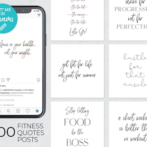 Puede incluir: Un conjunto de 10 citas de motivación para el fitness para publicaciones en redes sociales. Las citas están escritas en estilo manuscrito e incluyen frases como "Concéntrate en tu salud, no en tu peso", "Ponte en forma para la vida, no solo para el verano", y "Esfuérzate por ese músculo".