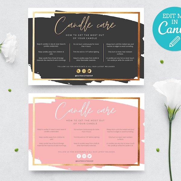 Minimalist Candle Care Card Template / Editable Candle Instructions Template / Printable Candle Care Insert Design / Business Care Card