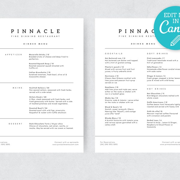 Editable Modern Menu Template  / Minimalist Restaurant Menu  / Printable Wedding Menu Card / Simple Bar Menu / Cafe Menu / Price list