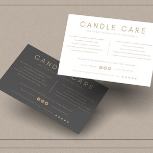May include: Two black and white cards with gold text explaining how to care for candles. The text includes instructions on how to burn the candle, how to trim the wick, and how to extinguish the flame. The cards also include social media icons and a website address.