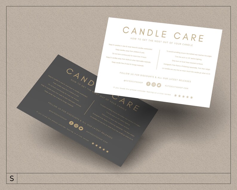 May include: Two black and white cards with gold text explaining how to care for candles. The text includes instructions on how to burn the candle, how to trim the wick, and how to extinguish the flame. The cards also include social media icons and a website address.