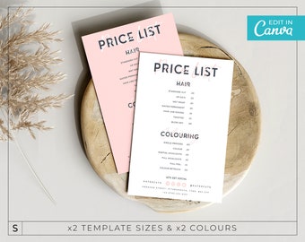 May include: Two pink and white price lists for hair and colouring services. The price list includes services like standard cut, up-dos, wet wrap, hair line edging, blow dry, single process colour, partial highlights, full highlights, and colour refresh. The price list also includes the text "Let's Get Social" and social media icons.