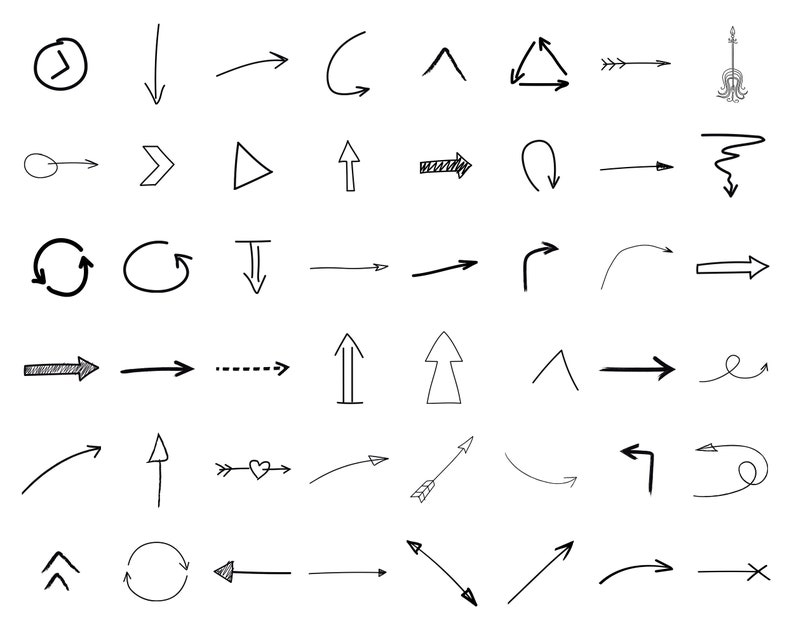 Pode incluir: Uma cole&ccedil;&atilde;o de setas pretas desenhadas &agrave; m&atilde;o em v&aacute;rias formas e dire&ccedil;&otilde;es, incluindo linhas retas, curvas e tracejadas. Algumas setas t&ecirc;m elementos decorativos como cora&ccedil;&otilde;es ou pontas de seta. As setas est&atilde;o em um fundo branco.