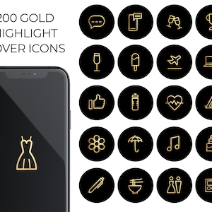 May include: A set of 20 gold highlight cover icons for Instagram. The icons are displayed on a black background and include a variety of designs, such as a champagne glass, a plane, a heart, a cake, and a dress.
