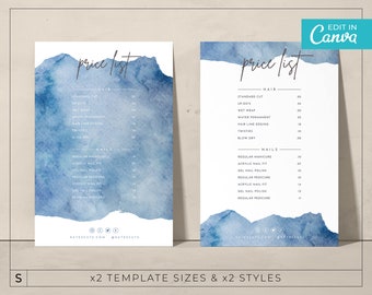 Price list Template / Watercolour Price list / Modern Price list Templates / Blue Minimalist Price List  / Simple Modern Menu / MISIA